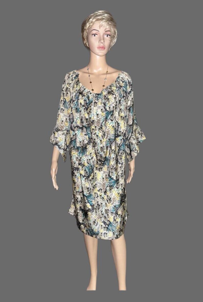 Rutzou Anthropologie • Talla 16 • Seda • Marrón/Beige/Verde/Azul • Blusa túnica • Insectos y plantas imagen 1