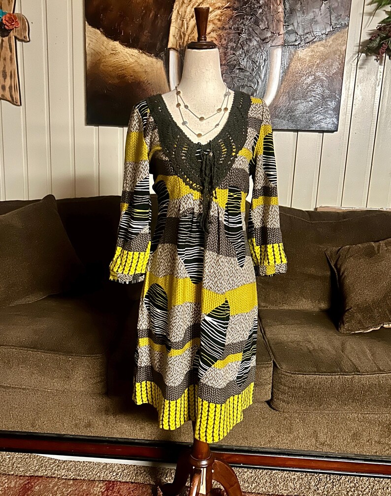 Aryeh Anthropologie “Curry” ~ Size Large ~ Abstract Design ~ Yellow/Brown~ Boho Tunic Dress ~ New W/Tags bild 3