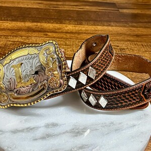 Tony Lama Men’s 42 Brown Tooled Leather W/Silver Medallions Gold “L” Buckle Belt Tony Lama Tooled Leather Belt - Etsy main image 4