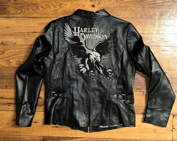 Harley Davidson Large Black Leather Embroidery Studded Swarovski Crystal Eagle Jacket Etsy