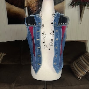 Carole Little • Street Wear • Small • Blue Denim • Black/Blue/Burgundy • Patchwork • Vest