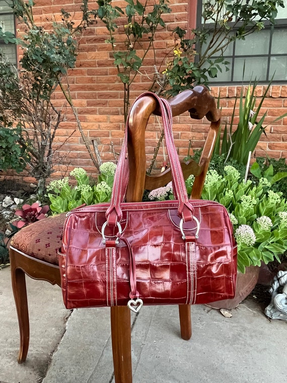 Neon-red Crocodile Embossed Baguette Bag