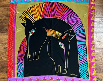 Laurel Burch~ Vintage “Embracing Horses” Silk Scarf (33 x 34”) W/ Vibrant Colors