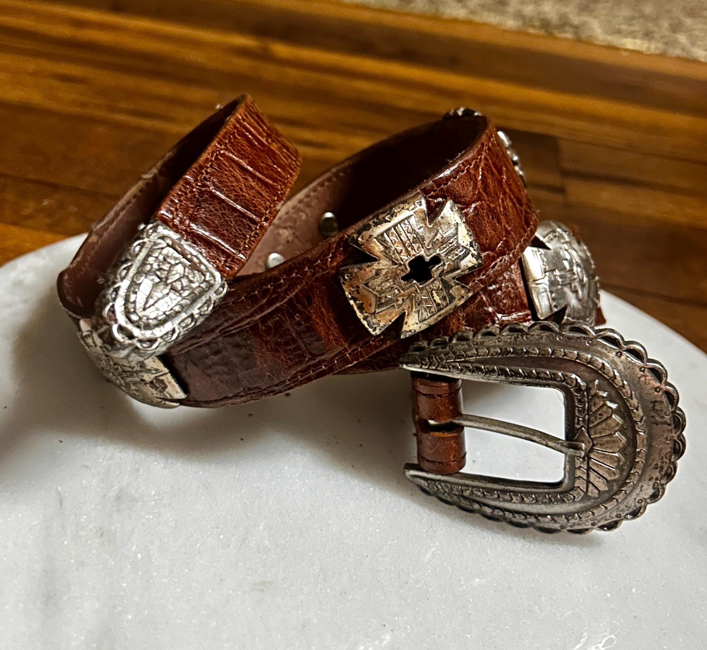 Vintage Southwest belt. Inlaid Pearl Leather Vintage Sante Fe style Plata de Santa Fe Jewelry main image 4