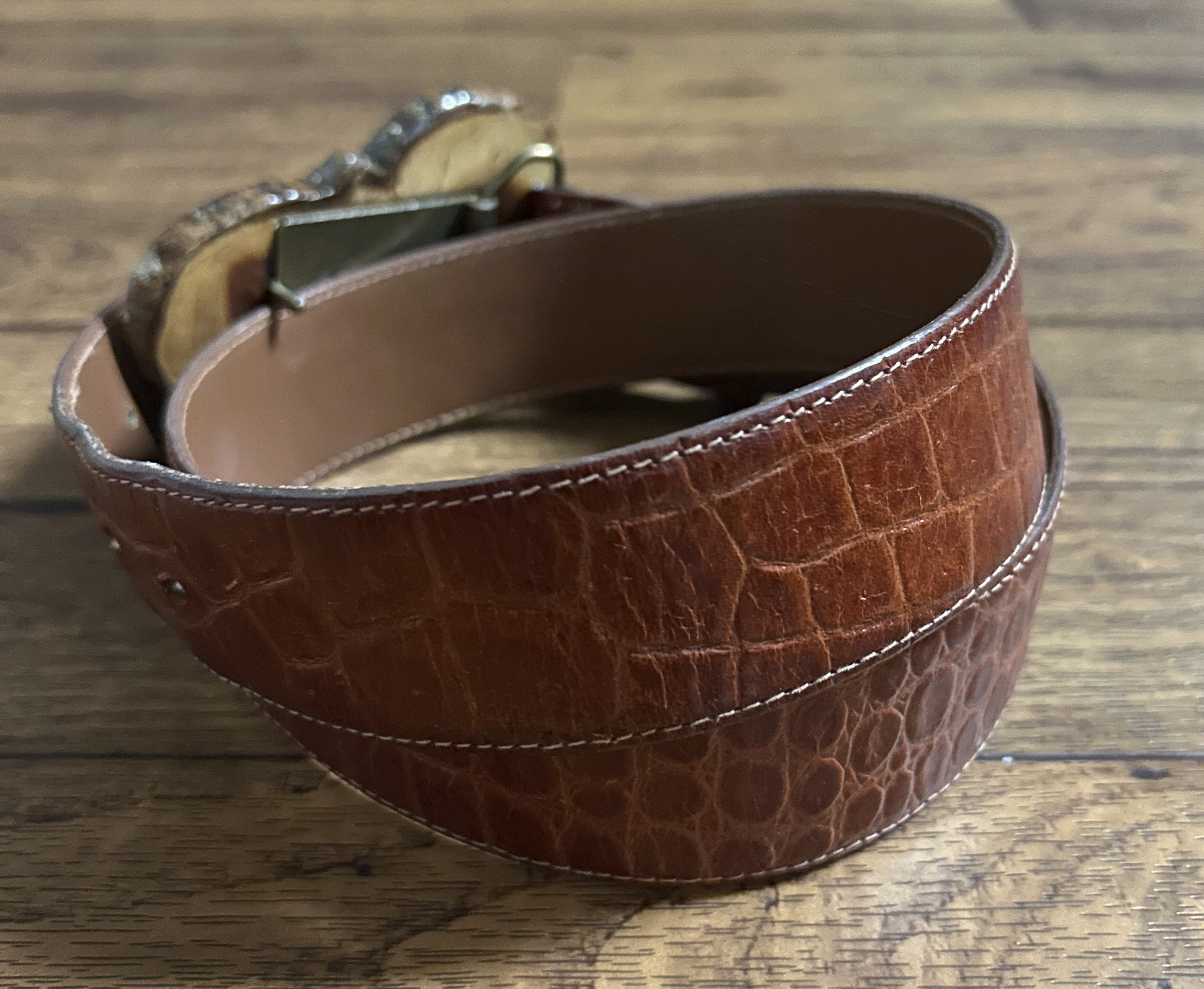 Talbots • Alligator Calf • Large • Wooden Buckle • Turquoise Stones • Brown Belt Talbots • Alligator Calf • Large • Handmade Wooden Buckle  main image 3