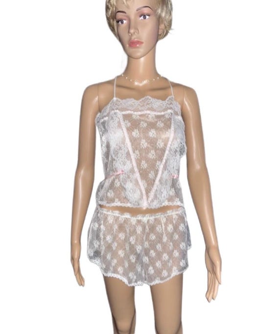 Lorraine ~ Women’s Medium ~ Vintage ~ Made in USA ~ White W/ Pink Ribbon  Trim ~ Floral Lace ~ Sexy ~ 3-Piece ~ Lingerie Pajamas