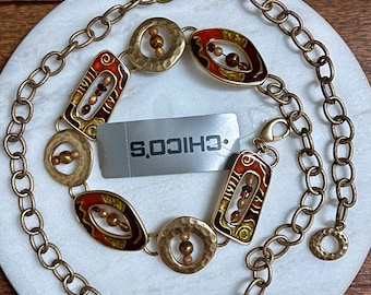 Chico's “Benque Viejo” ~ Women’s Medium/ Large ~ Vintage ~ Gold/Brown ~ Tribal Design ~ Geometric Beaded ~ Chain Belt ~ New W/ Tags
