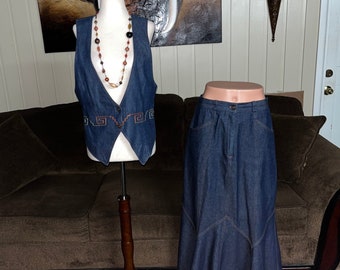 Hiker’s Ridge by Laurel Ann • Vintage • Denim Skirt & Vest Set • Size Medium