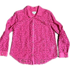 Anthropologie Maeve ~ Women Size 14 ~ Rose Pink Floral Lace Button Down Long Sleeve Shirt ~ New Without Tag image 1