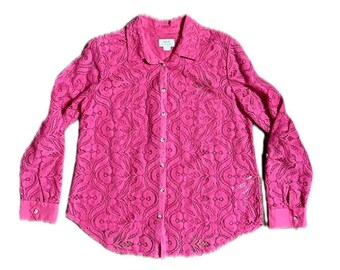 Anthropologie Maeve ~ Women Size 14 ~ Rose Pink Floral Lace Button Down Long Sleeve Shirt ~ New Without Tag