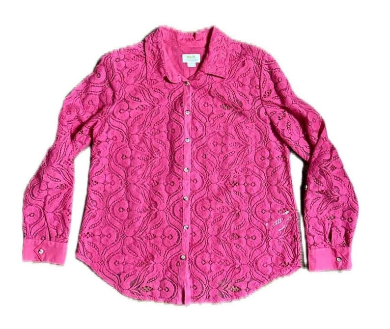 Anthropologie Maeve ~ Women Size 14 ~ Rose Pink Floral Lace Button Down Long Sleeve Shirt ~ New Without Tag image 1