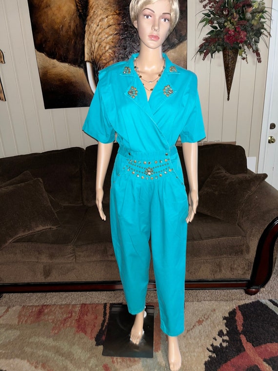 Vintage “Rio Inc.” Turquoise Jumpsuit Women Size L