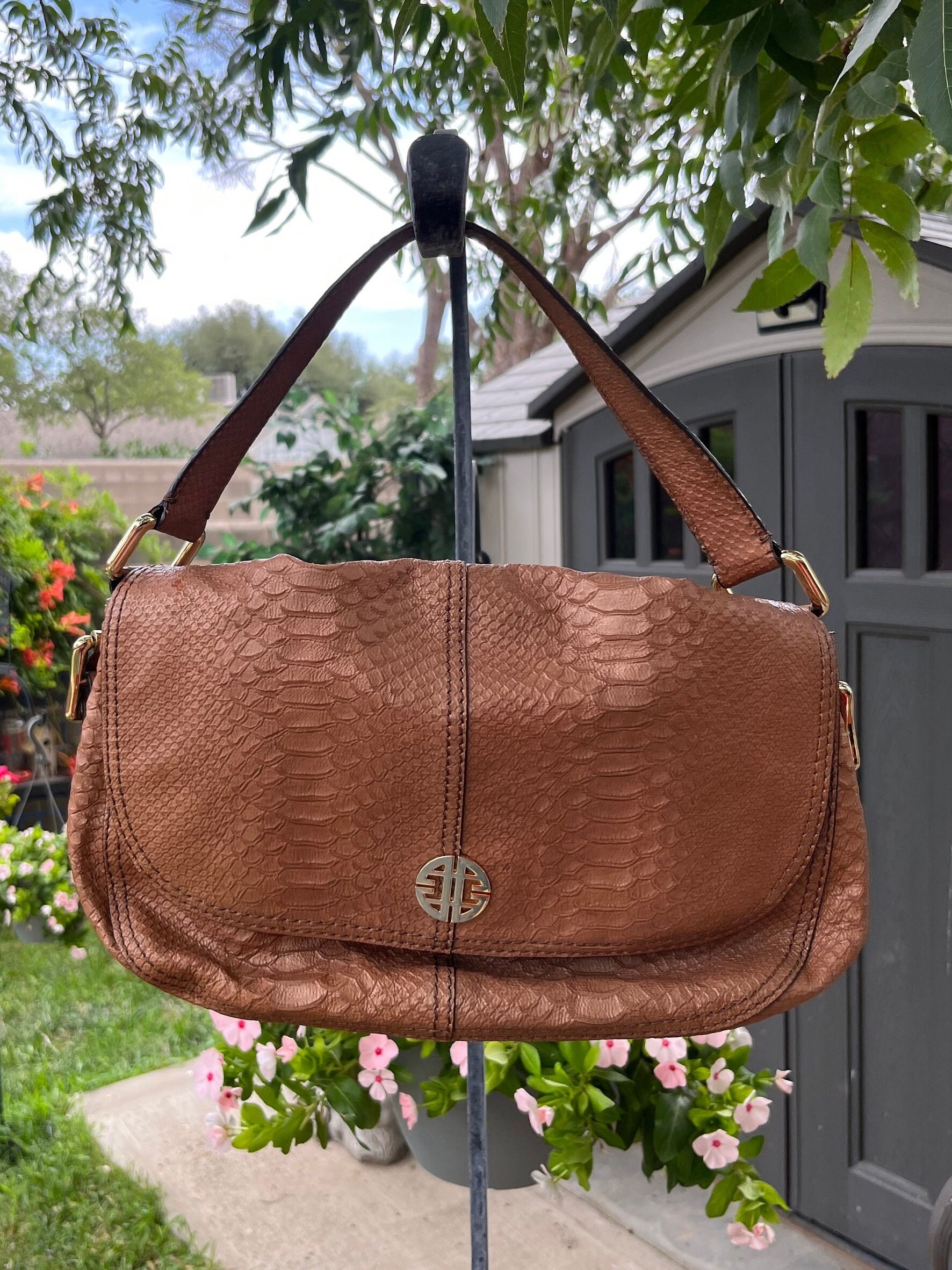 Antonio Melani Crocodile Embossed Brown Leather Shoulder Bag Etsy