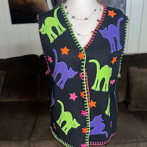 Marisa Christina • Vintage • 1990’s • Size Medium • Sweater • Vest • Embroidery •  Cats • New W/ Tags • Black/ Purple/ Green