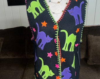 Marisa Christina • Vintage • 1990’s • Size Medium • Sweater • Vest • Embroidery •  Cats • New W/ Tags • Black/ Purple/ Green