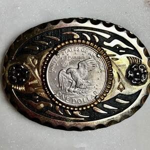 Vintage Eisenhower Coin Belt Buckle Silver Black Design Western Collectibles Bicentennial Eisenhower 1 dollar coin Vintage western silver  main image 4
