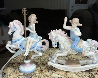 Paul Sebastian~ 2 Figurines W/Girl On Horse & Carousel