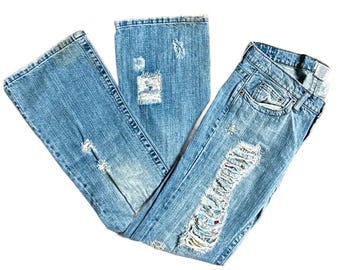 Department of Peace ~ Women’s Size 8 Blue Denim Distressed W/ Multi-Colors Sequins/Beaded Jeans