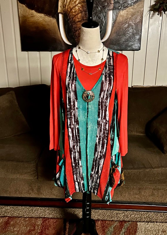 Multiples~Size Medium (2 Piece) Red Blouse W/ Mul… - image 1