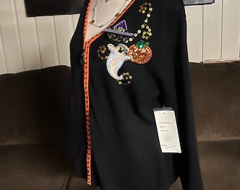 Berek • Vintage • 1990’s • Size Large • Halloween • Cardigan • Black/ Orange • Sequins • Ghost • Pumpkins • New W/Tags