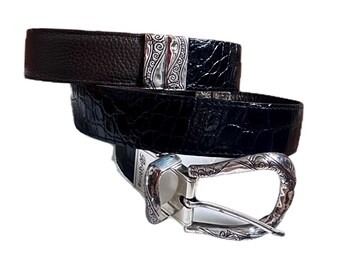 Brighton ~ Medium ~ Reversible ~ Black & Brown Croc-Embossed Leather W/ 4 Silver Conchos Belt
