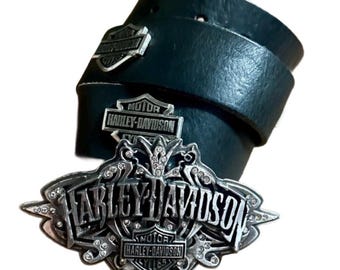 Harley Davidson • Large • Vintage • 2006 • Black • Leather • Diamond Buckle • Biker Chic • Belt