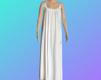 Claire Sandra by Lucie Ann Beverly Hills ~ Made in USA ~ Vintage (1960’s) ~ White W/ Blue Floral Embroidery &  Lace Nightgown