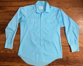 Rockmount Ranch Wear~ Vintage Men’s Large Blue Western Shirt W/ Pearl Diamond Snaps