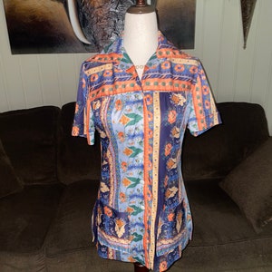Louis Chaney Of Dallas • Vintage • Size 10 • Blouse • Orange/ Blue • Floral