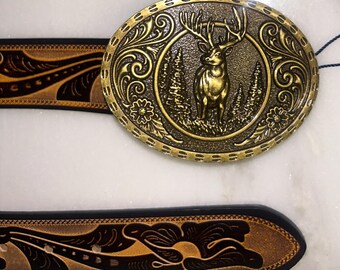 Vintage Brown Tooled Leather Deer Belt With 1978 Raintree  display picture 1