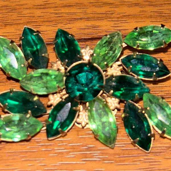 Cathe • Signed • Vintage • 1960’s • Green Rhinestones • W/ Gold-tone • Brooch