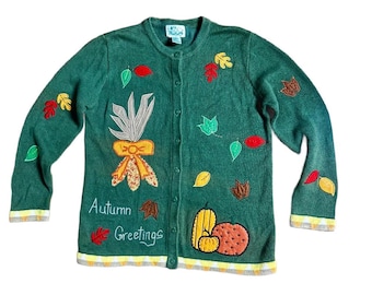 Quacker Factory ~ Women’s Size Medium ~ Green W/ Fall Colors Leaves/ Pumpkin/ Cornstalk ~ Embroidery Sweater Cardigan