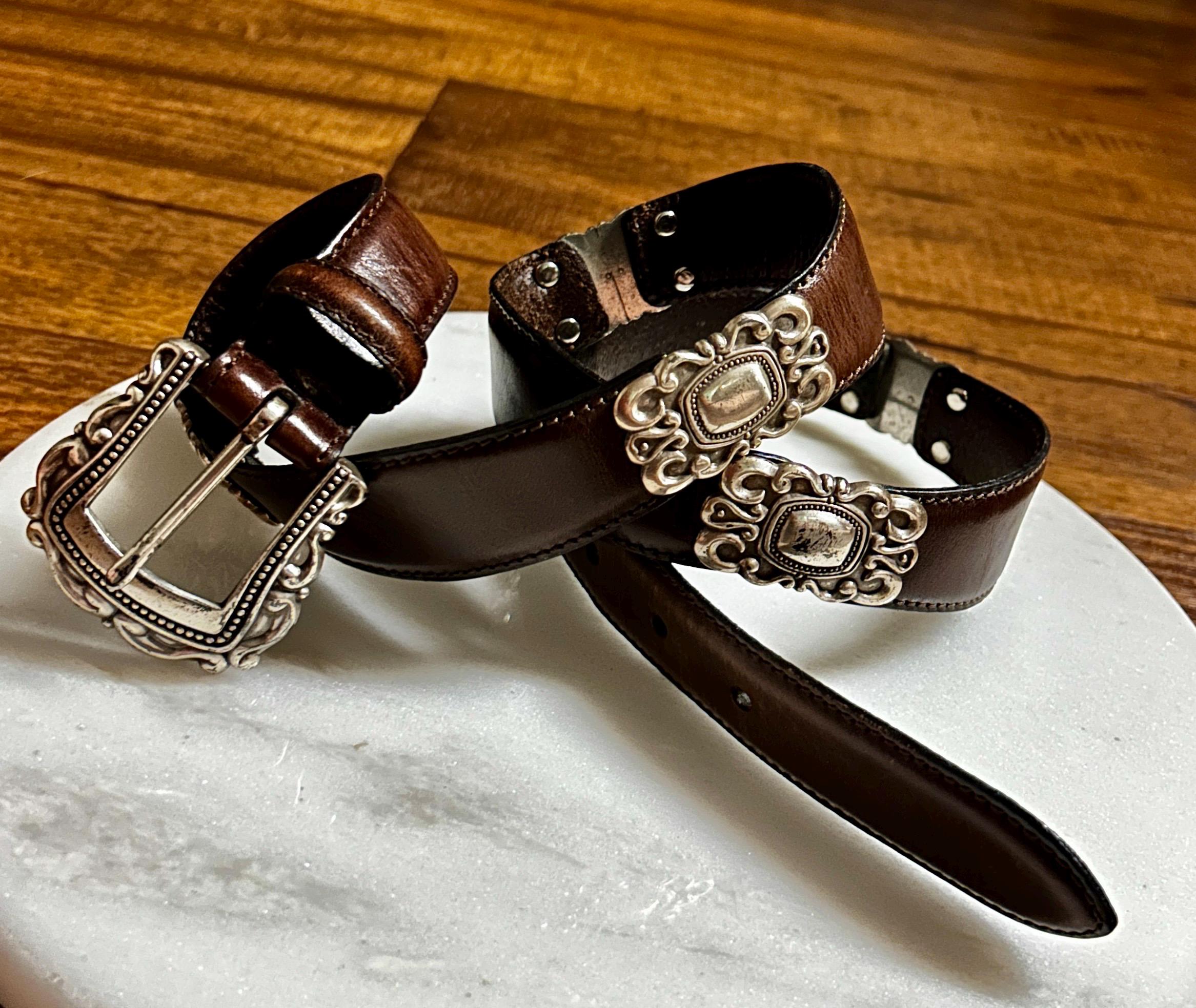 Fossil Black Leather Belt Ornate Silver Scroll Buckle Western Boho M 31\