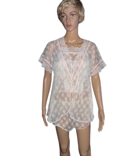 Lorraine ~ Women’s Medium ~ Vintage ~ Made in USA ~ White W/ Pink Ribbon  Trim ~ Floral Lace ~ Sexy ~ 3-Piece ~ Lingerie Pajamas