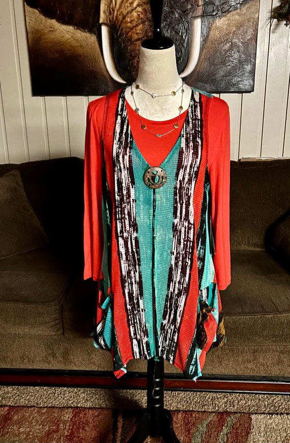 Multiples~Size Medium (2 Piece) Red Blouse W/ Mul… - image 2