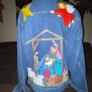 Bristol Blues • Nativity Theme • Multi-Colors Pant • Hand Painted • Large • Blue • Jean • Denim • Jacket