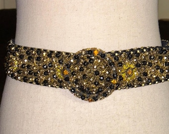 Vintage (1960’s) ~ Black/Gold/Yellow Beaded Jeweled ~ Size Small (Waist: 31- 36” in.) Belt
