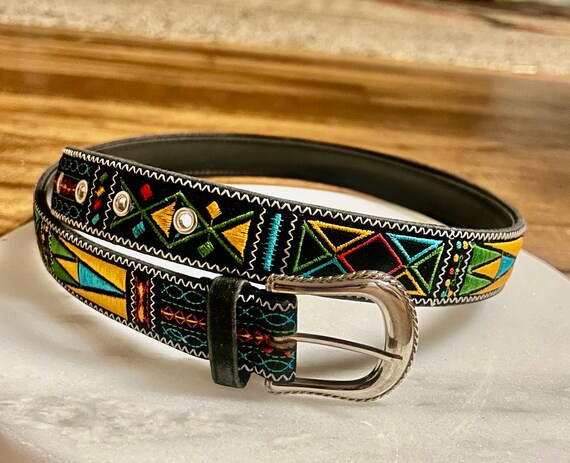 Vintage Multi Color Belt Vintage Leather Shop Multi-Color Leather Belt Metal Buckle  main image 3