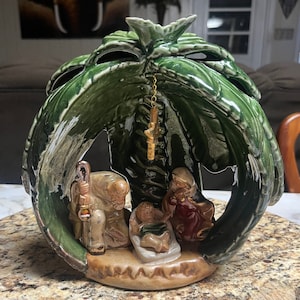 Vintage • Ceramic • Nativity Scene Enclosed In Palm Tree Votive • Candle Holder • Figurine
