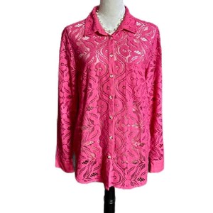 Anthropologie Maeve ~ Women Size 14 ~ Rose Pink Floral Lace Button Down Long Sleeve Shirt ~ New Without Tag image 3