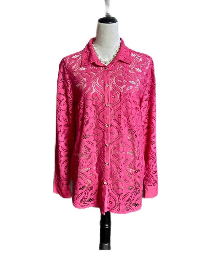 Anthropologie Maeve ~ Women Size 14 ~ Rose Pink Floral Lace Button Down Long Sleeve Shirt ~ New Without Tag image 3