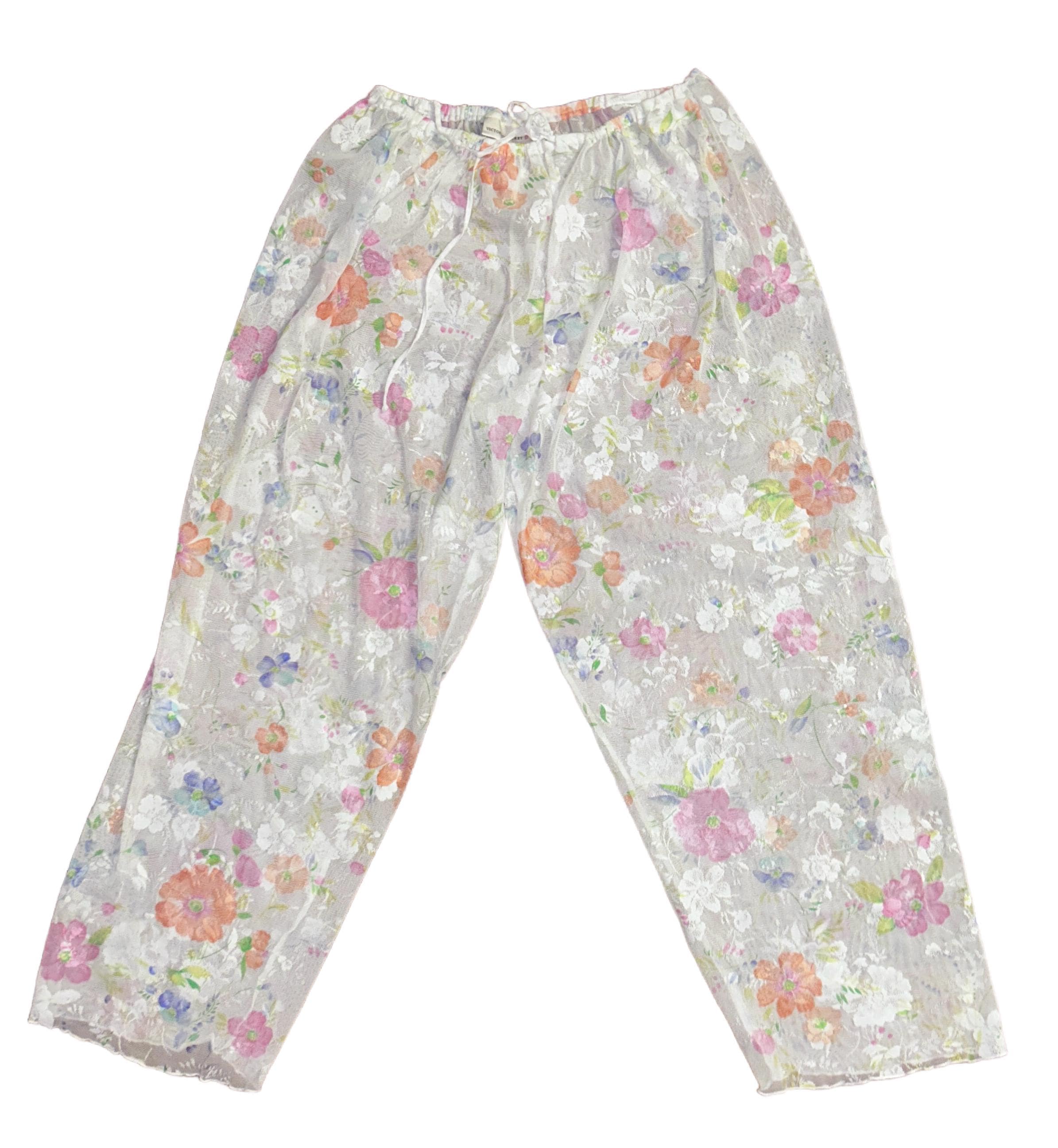 Victoria's Secret ~ Vintage (1990's) ~ Small/ Medium ~ White W/ Multi-Colors Floral Lace & Embroidery ~ Pajamas Pants