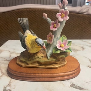 Lefton • Goldfinch Bird • Figurine  • Resting on Branch With Flowers