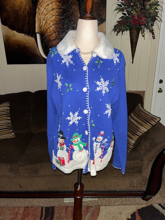 Vtg~”Victoria Jones” Snowman Medium Cardigan Sweat