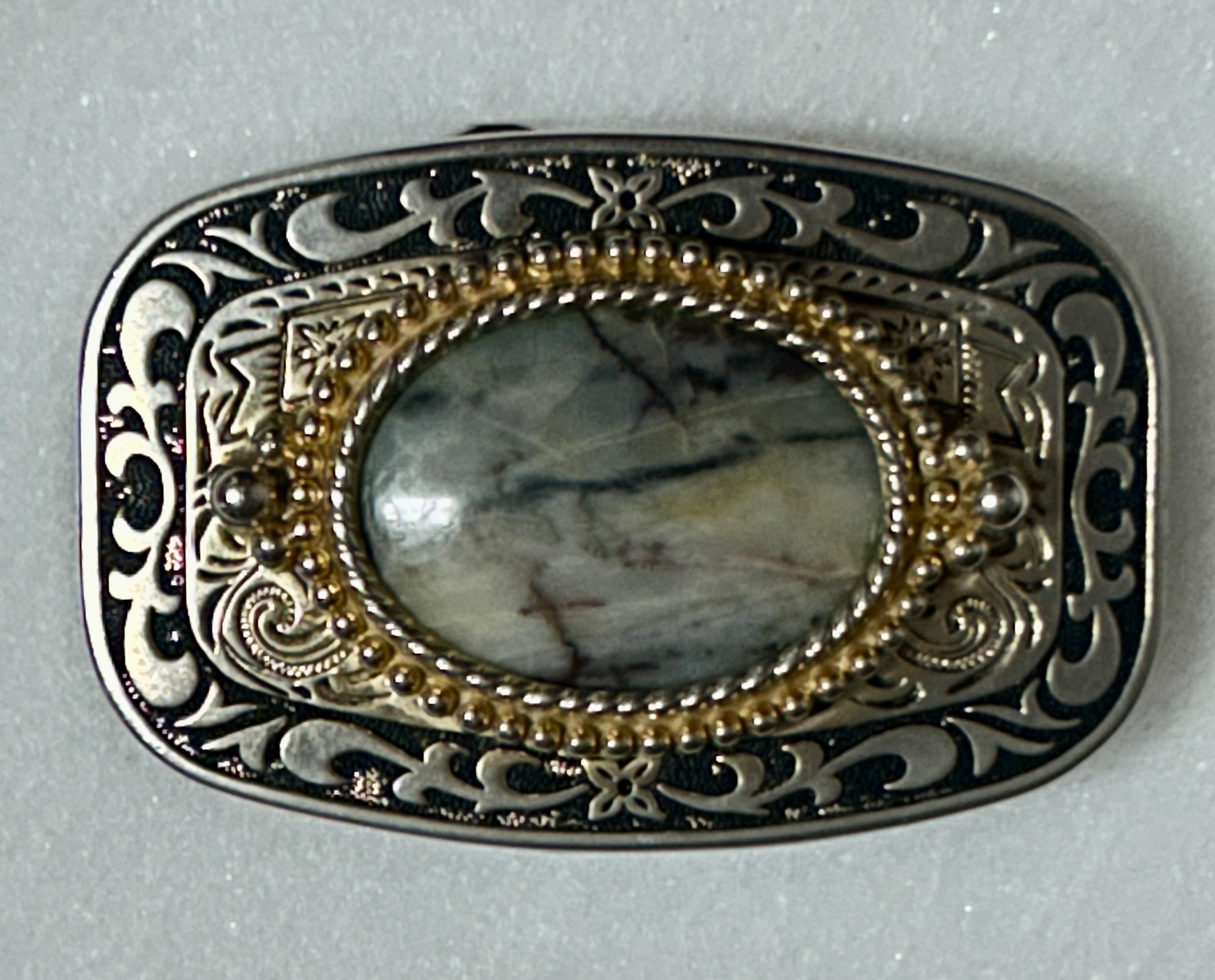 Vintage Abstract Art Belt Buckle Silver Tone Oval Paint Splatter Vintage Silver Plated Oval Floral and Tooled Rope Border  main image 3