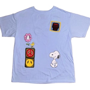 Peanuts ~ Juniors Large ~ Snoopy ~ Blue ~ Peace Crochet Patch Knit ~ Shirt