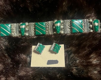 Vintage~ Vintage Mexican Green Onyx Link Sterling Silver (73 Grams) Bracelet