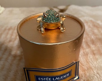 Estee Lauder • 1997 • Crystal Frog • Gold Plated • Green • Diamond Stones • Solid Perfume • New W/ Box