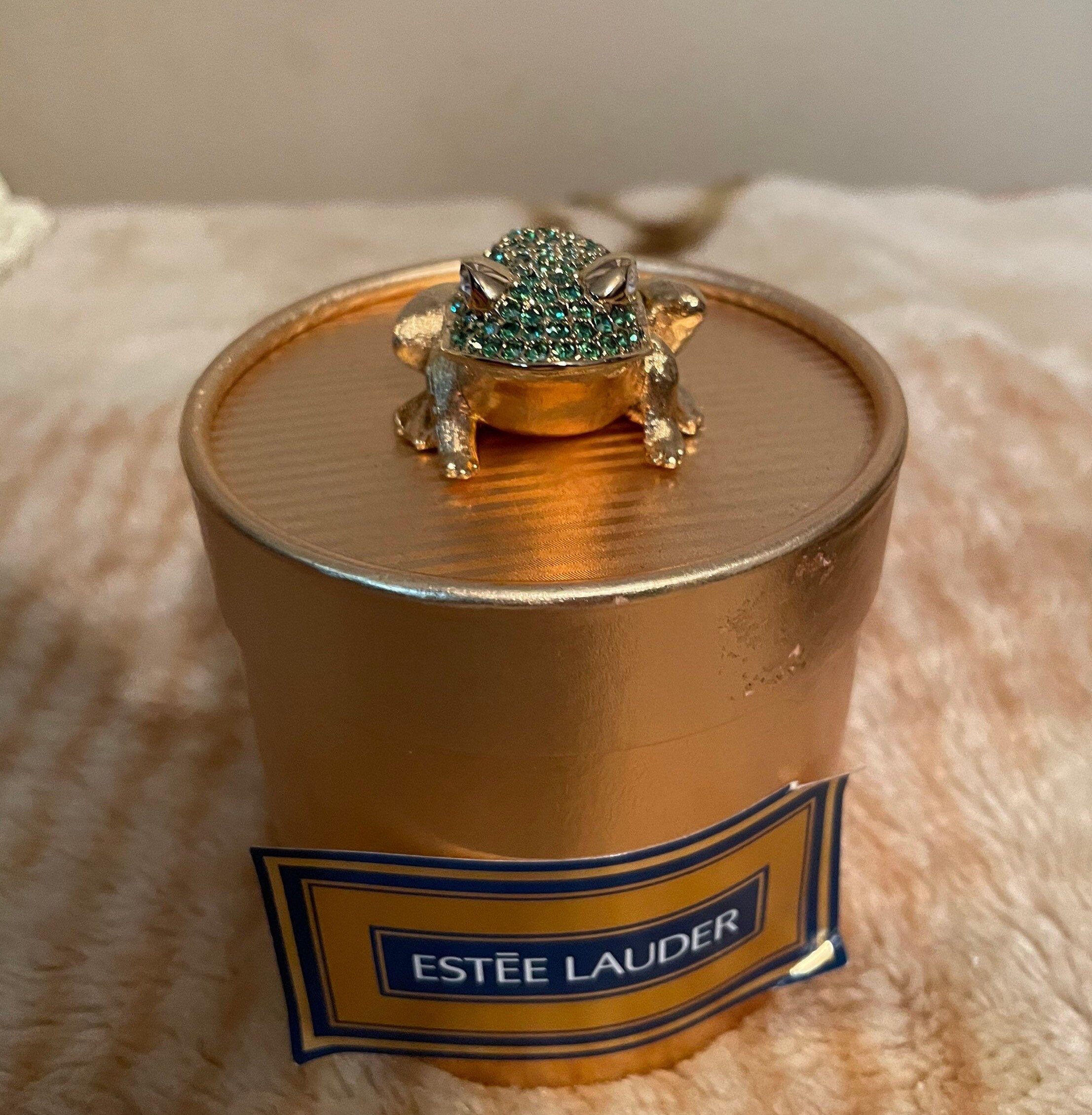 Estee Lauder 1997 Crystal Frog Gold Plated Green Diamond Stones Solid Perfume New with Box
