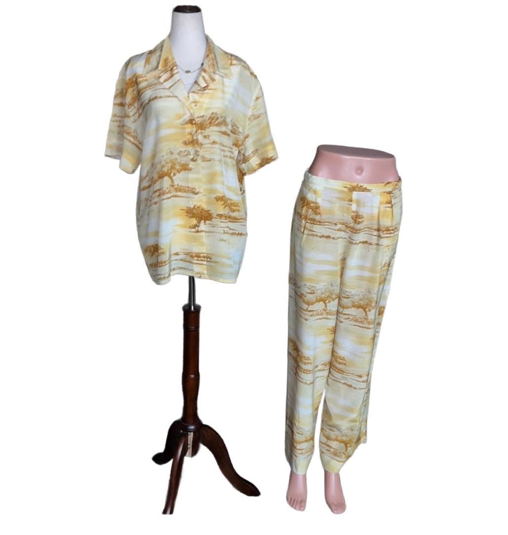 Escada Margaretha Ley ~ Made in Germany ~ Women's Size 10 ~ Yellow / White ~ Jungle Design ~ Silk ~ 3 Piece Outfit (2 Blouses/ Pants)